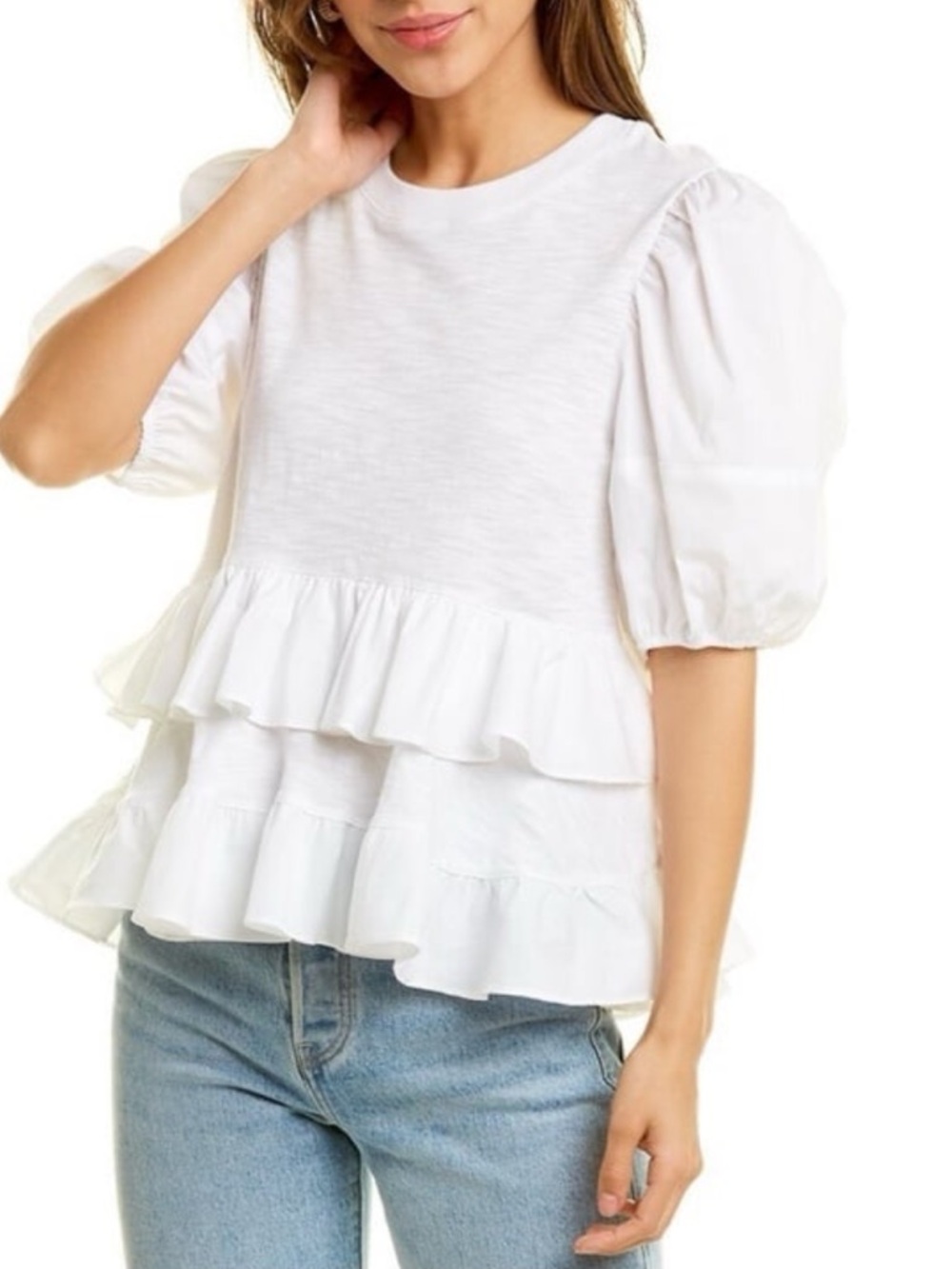 Cinq a Sept Trish White Cotton Flowy Tired Ruffle Short Sleeve Size Small